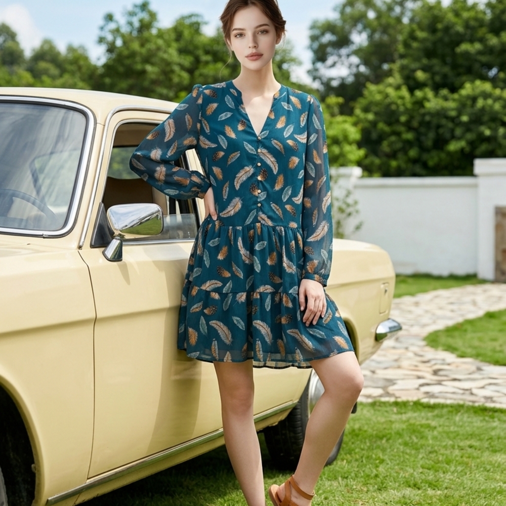 LOFT Teal Leaf Pattern Mini Dress - image 1